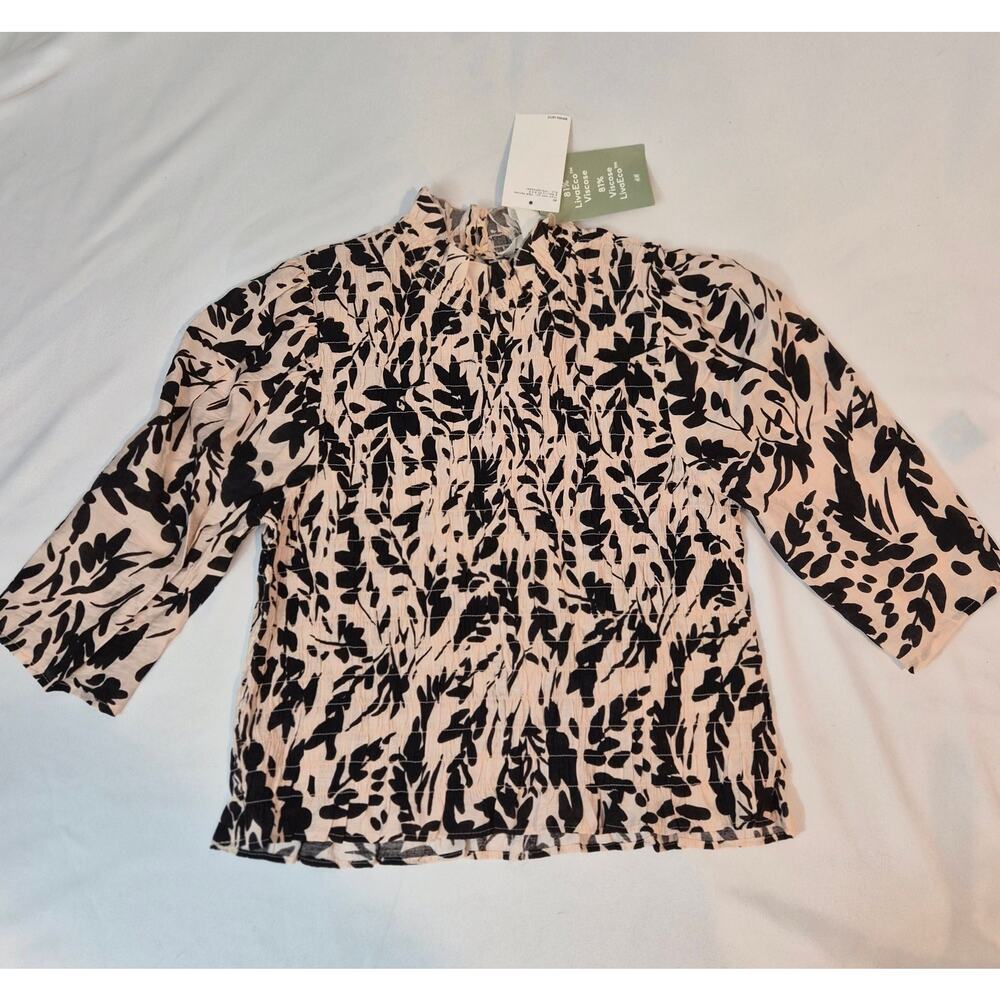 H&M NWT Smocked Mock Neck Blouse‎ Blush Pink Black Floral LivaEco Viscose XS